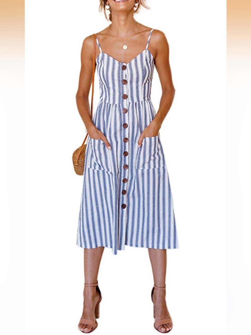 Striped Blue and White Button-Front Midi Sundress